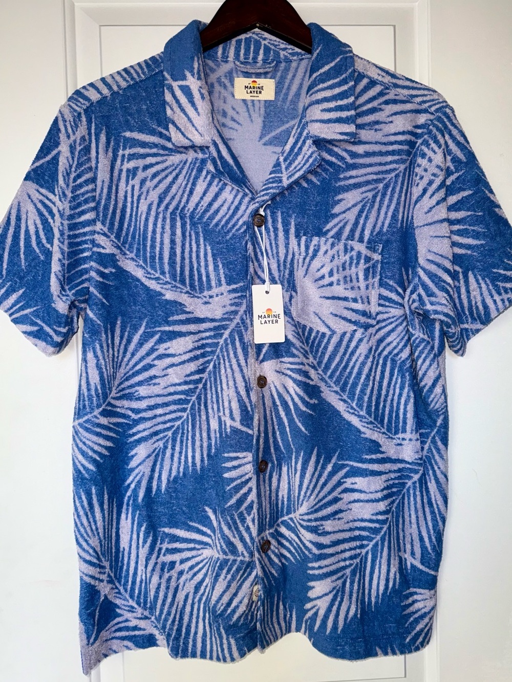 Marine Layer NWT Blue Frond Terry Out Jacquard Resort Shirt